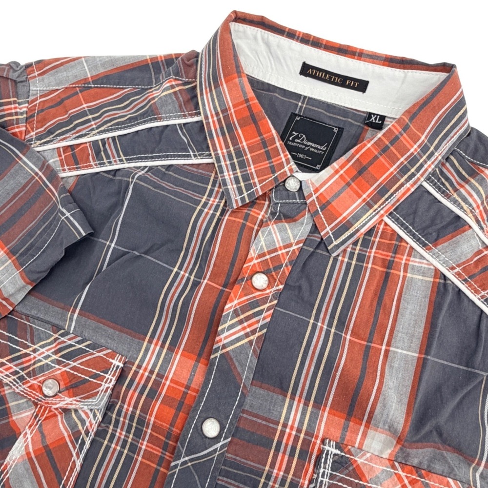 7 Diamonds Shirt Mens XL Orange Gray Plaid Pearl Snap Short Sleeve Athletic Fit